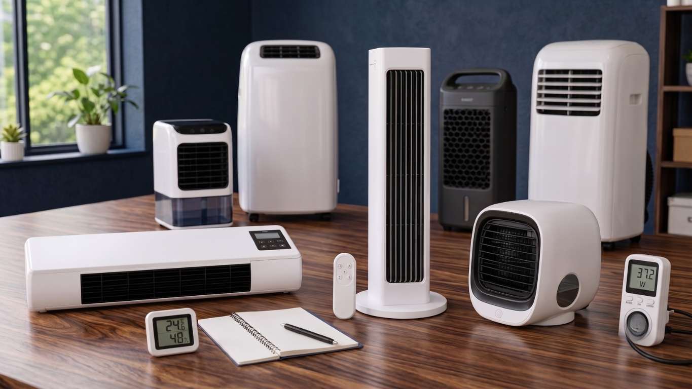 A selection of portable air conditioners and personal air coolers arranged on a table in a modern interior